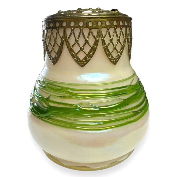 Loetz Other - Loetz Czech Opalite Art Glass 1800’s 22k Gilded Lattice Cap Vase